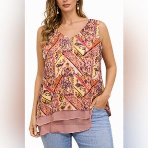 Dressbarn Full lined Sleeveless Blouse abstract print and salmon/peach/coral XL